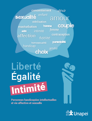 Couverture du guide qui représente un couple enlacé et des mots en lien avec l'amour et la sexualité dans des deux grosses bulles de dialogue