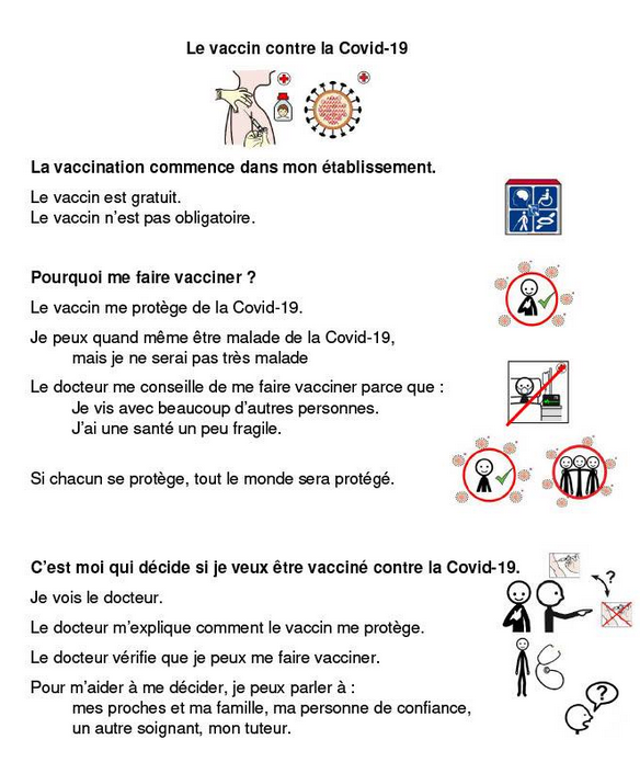 Texte d'explication sur la vaccination écrit en texte simple et illustré avec des pictogrammes