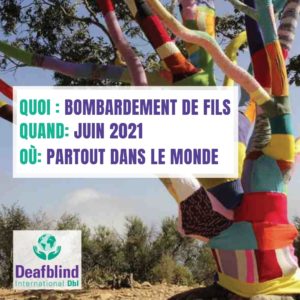 Affiche de DBI qui montre un arbre recouvert de carrés multicolores de tricots