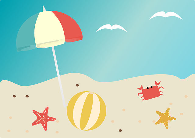 Dessin d'une plage avec parasol, ballon, crabe et étoiles de mer