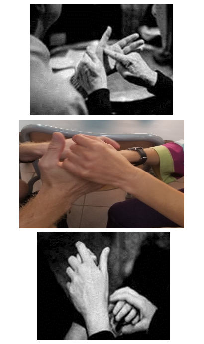 3 photos de communication tactile : LSF, écriture dans la main