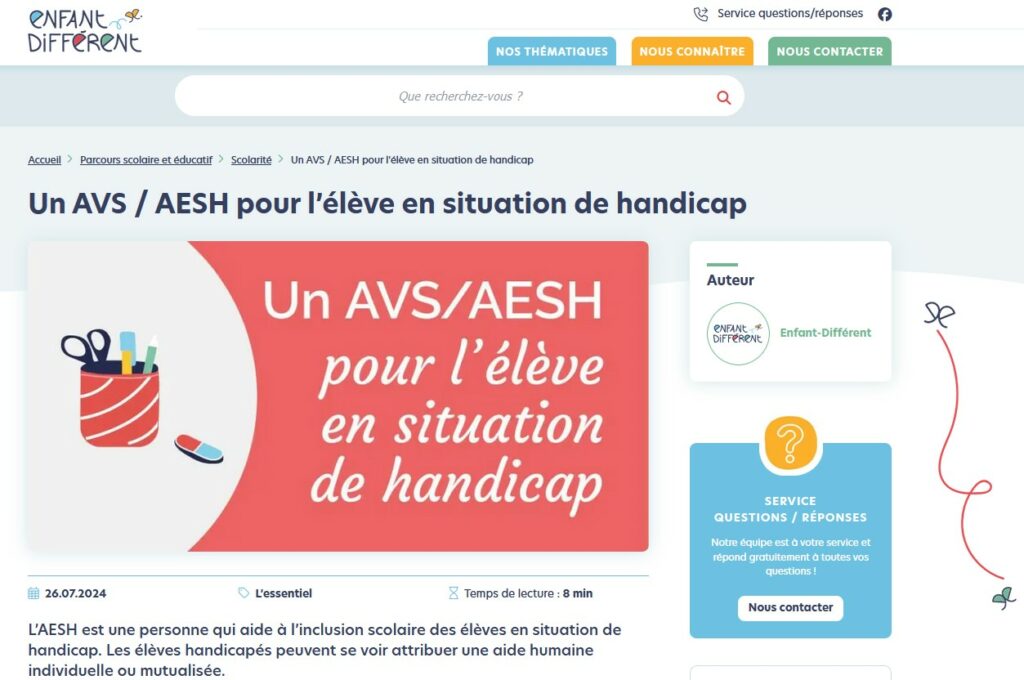 Copie d'écran du site Enfant différent prise sur la page présentant les AESH et AVS