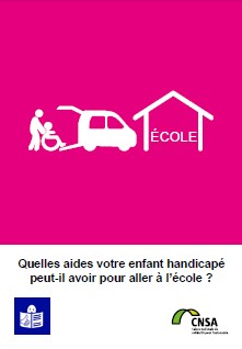 Couverture de la fiche en FALC où est inscrit le titre et où il y a un dessin représentant un véhicule coffre ouvert où une personne en fauteuil roulant rentre. La voiture est positionnée pour aller vers un bâtiment représentant l'école