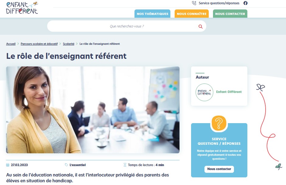 Copie d'écran du site Enfant différent prise sur la page présentant les enseignants référents