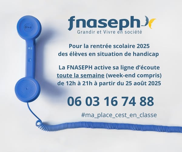 Affiche avec un dessin de téléphone bleu et son cordon qui encadre l'annonce de la ligne d'écoute, les horaires et le numéro de téléphone à joindre.