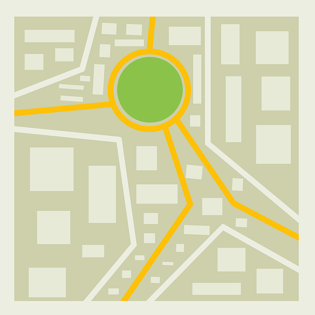 Dessin du plan d'une ville avec un emplacement signalé sous forme d'un gros point vert. Les rues qui mènent à cet emplacement sont coloriées en jaune