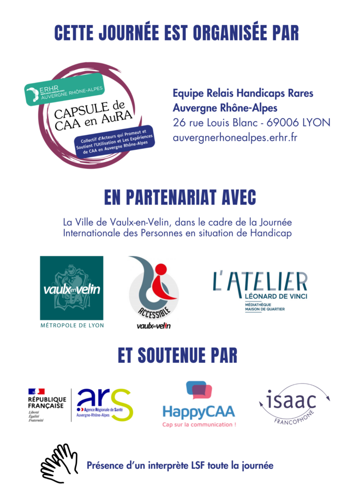 Affiche avec le nom de l'organisateur (CAPSULE de CAA en AuRA), la liste des partenaires (Ville de Vaulx-en-Velin, L'Atelier Léonard de Vinci) et la liste des soutiens (ARS AuRA, HappyCAA, Isaac Francophone)