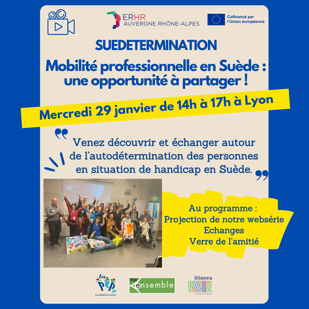 affiche pour annoncer la restitution sous forme de websérie de notre mobilité professionnelle en Suède, elle donne le nom du projet, le programme, la date et le lieu de l'évènement. Les couleurs principales de l'affiche sont le bleu et le jaune. Une photographie prise lors de notre rencontre avec le JAG illustre l'affiche.