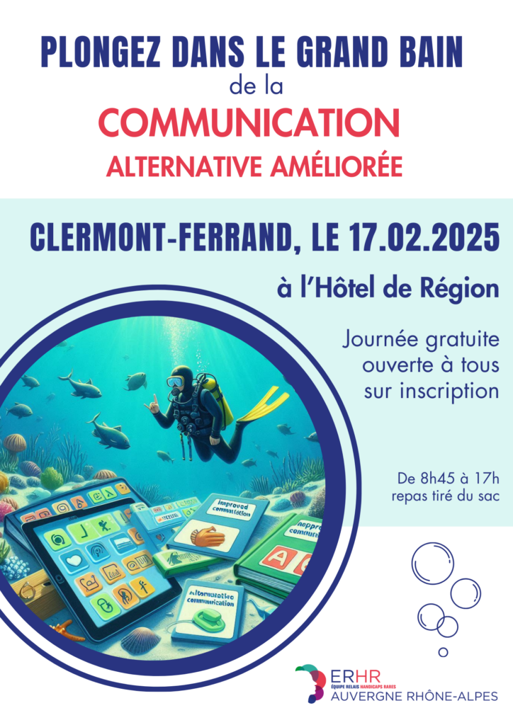 Affiche de la journée CAA à Clermont-Ferrand où sont indiqués le nom de journée "Plongez dans le grand bain de la communication alternative et améliorée", la date le 17 février, le lieu Hôtel de région à Clermont-Ferrand, et Journée gratuite sur inscription