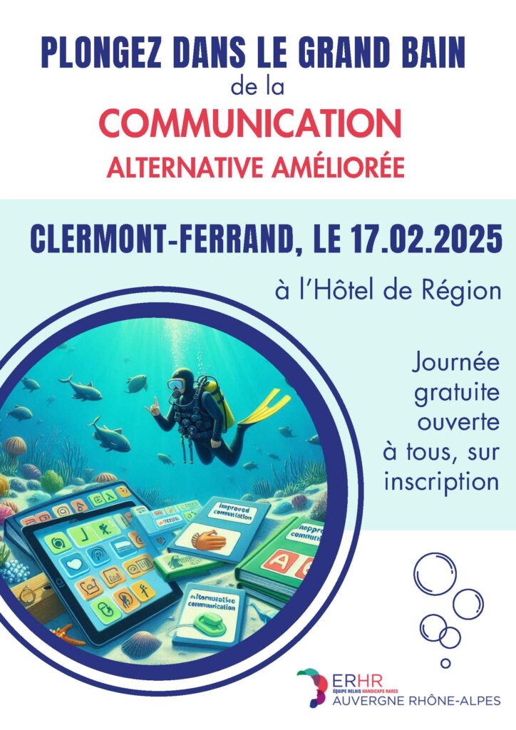 Affiche de la journée CAA à Clermont-Ferrand où sont indiqués le nom de journée "Plongez dans le grand bain de la communication alternative et améliorée", la date le 17 février, le lieu Hôtel de région à Clermont-Ferrand, et Journée gratuite sur inscription