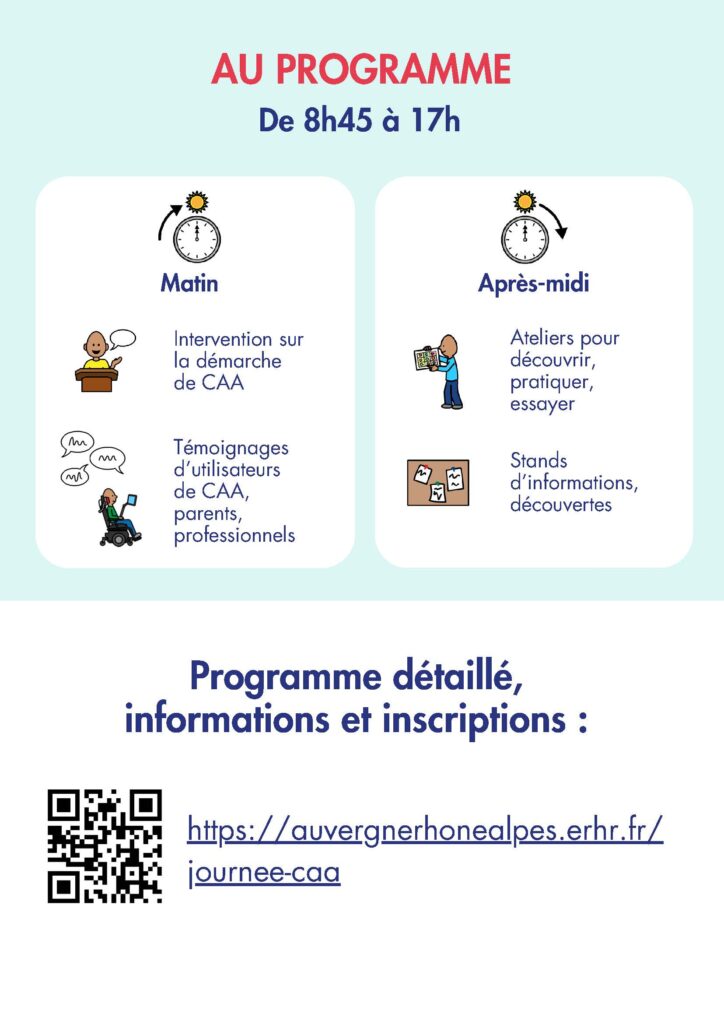 Programme de la journée qui aura lieu de 8h45 à 17h : 8h45 à 9h15 accueil, 9h30 introduction et lancement de la journée, 10h à 12h30 concepts clés de la démarche de CAA, théorie et témoignages. 
Programme de l'après-midi : ateliers pratiques et stands d'informations