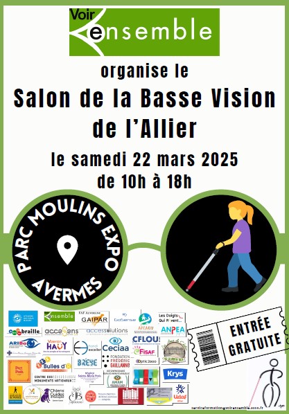 Affiche du salon de la basse vision avec la date, le lieu, le logo de l'association organisatrice Voir ensemble et plein de logos des exposants en bas de l'affiche