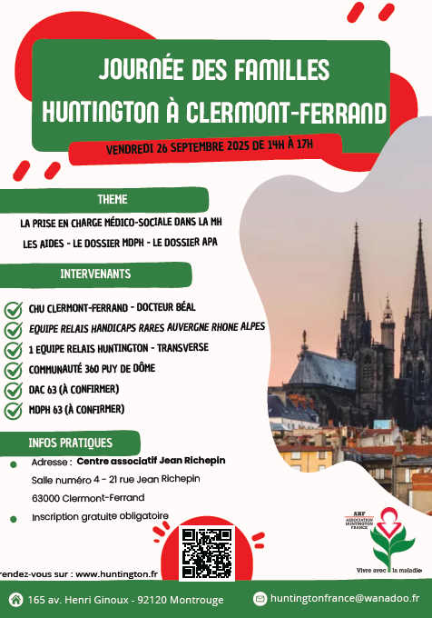 Affiche de l'évènement avec les informations pratiques, les thèmes, les intervenants et le QR pour s'incrire. Une photo de la cathédrale de Clermont-Ferrand est présente sur la droite