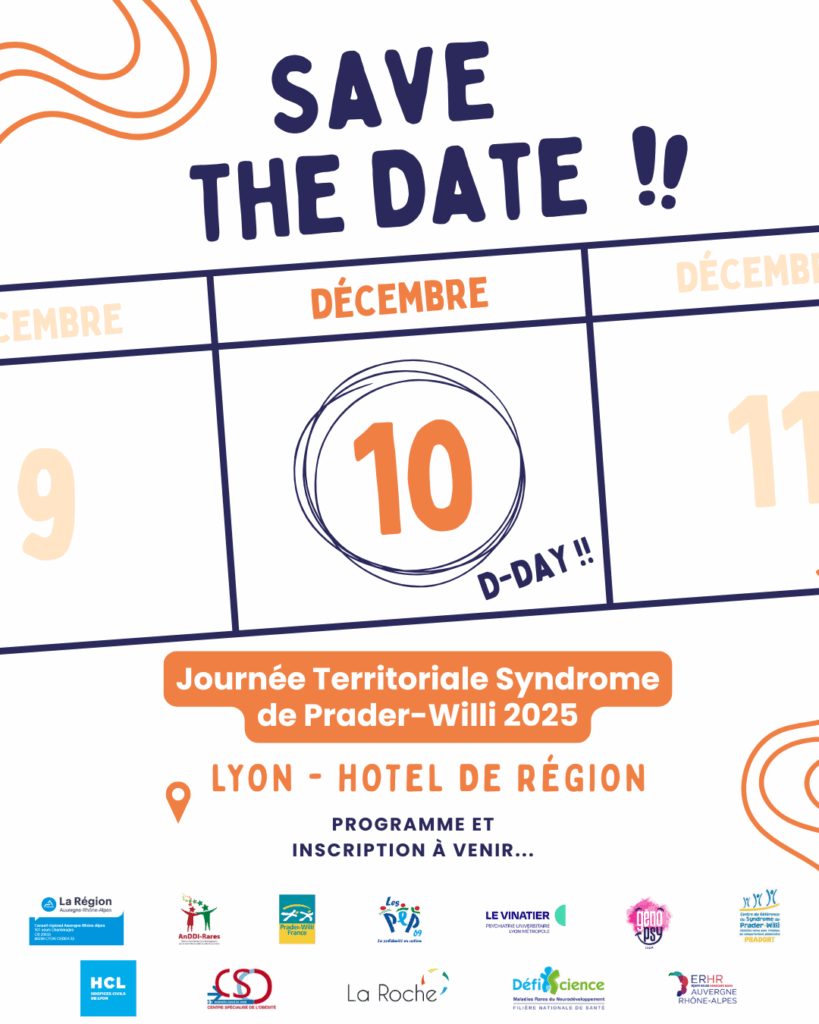 Illustration pour le "Save the date" du 10 décembre pour la journée dédiée au syndrome de Prader-Willi. En bas, sont affichés les logos des différents partenaires.