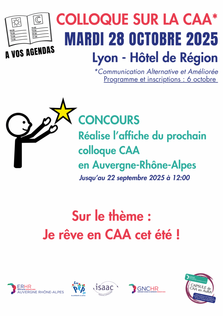 Affiche annonçant le concours pour la réalisation d'une affiche. Elle contient un pictogramme d'agenda et un dessin d'un bonhomme qui tend les bras vers une étoile jaune. Le texte de l'affiche est noté sous l'image.