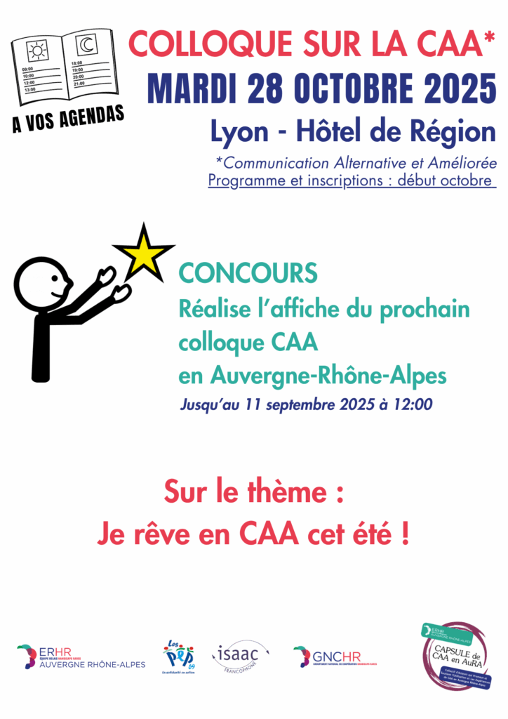 Affiche annonçant le concours pour la réalisation d'une affiche. Elle contient un pictogramme d'agenda et un dessin d'un bonhomme qui tend les bras vers une étoile jaune. Le thème de l'affiche doit être "je rêve en CAA cet été !".
