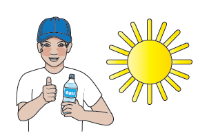 dessin d'un jeune homme avec une caquette bleue sur la tête et une bouteille d'eau dans sa main gauche, à côté d'un énorme soleil