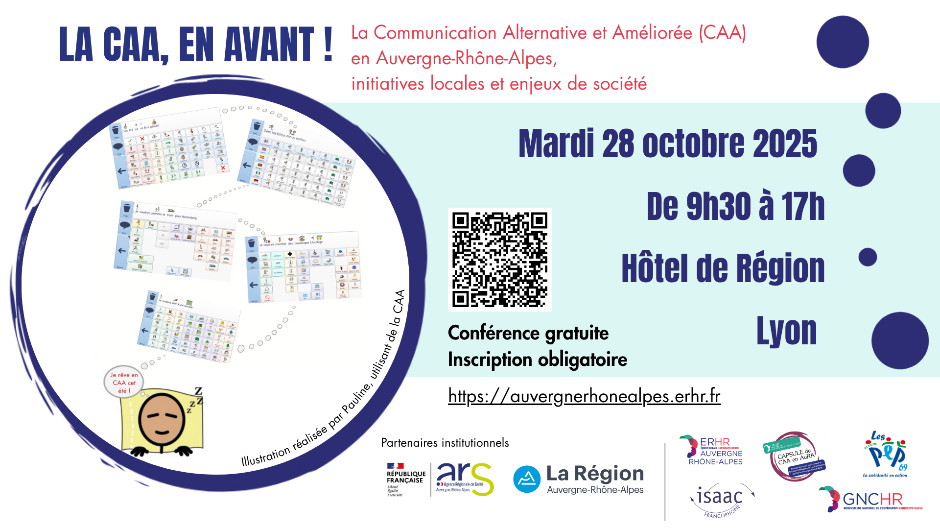 image qui contient l'illustration de Pauline utilisatrice de CAA dans une grosse bulle bleue sur le thème "Je rêve en CAA cet été" et les informations pratiques concernant la conférence