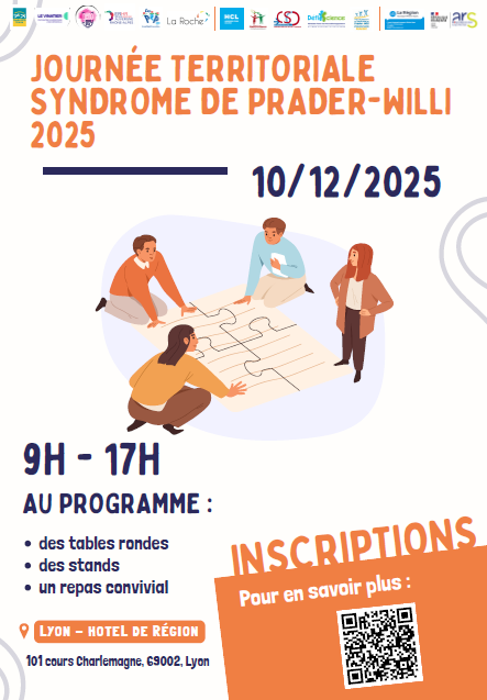 Affiche de la Journée d'information, d'échanges et de partage sur le syndrome de Prader Willi qui donne la date, les horaires, le lieu, un qr code pour les inscriptions. Au centre de l'image il y a 4 personnes qui chacun avec une pièce de puzzle géante reconstitue un puzzle.