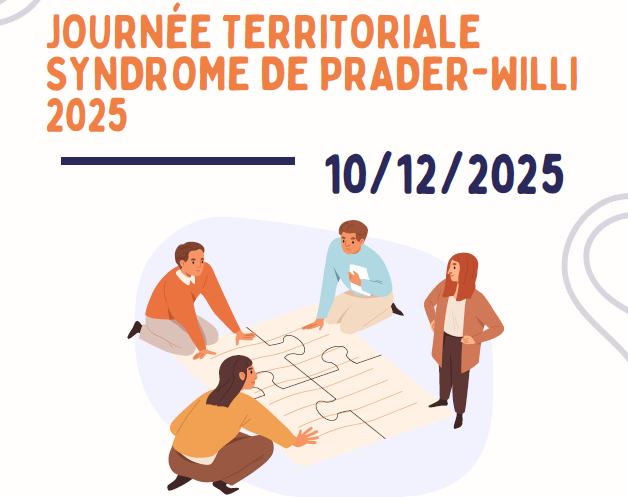 Extrait de l'affiche de la Journée d'information, d'échanges et de partage sur le syndrome de Prader Willi. Au centre de l'image il y a 4 personnes qui chacun avec une pièce de puzzle géante reconstitue un puzzle.