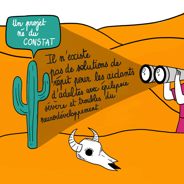 Dessin d'un désert où au niveau d'un cactus, il est noté "Un projet né du constat : pas de solutions de répit pour les aidants d'adultes avec épilepsie sévère et troubles du neurodéveloppement"
