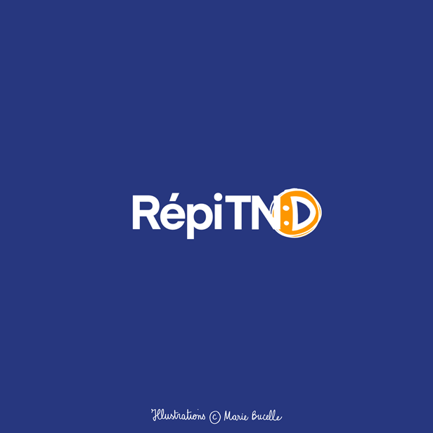 carré bleu avec le logo du projet au centre et en bas le nom de l'illustratrice "Marie Bucelle"