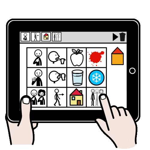 pictogramme représentant une tablette de communication où un logiciel avec des pictogrammes est affiché. La tablette est tenue à deux mains, avec l'une des mains, un pictogramme est pointé du doigt