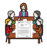 Pictogramme représentant cinq personnes autour d'une table sur laquelle est dessin un courrier