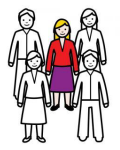 Pictogramme représentant un groupe de cinq personnes, la personne située au centre est la seule dessinée en couleur