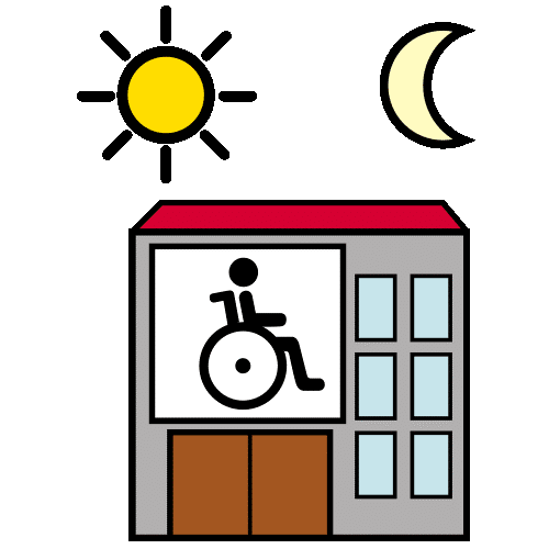 pictogramme représentant un bâtiment sur lequel un dessin d'une personne en fauteuil roulant est collé. Au dessus, sont représentés un soleil et une lune
