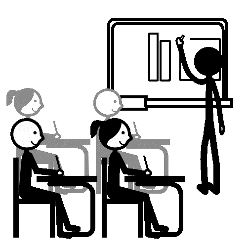 Pictogramme représentant 4 personnes assises derrière des pupitres d'élèves et une personne qui est en train de dessiner une forme géométrique sur un tableau accroché au mur