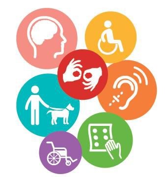 7 bulles de couleurs différentes contiennent des dessins représentant différentes situations de handicap : moteur, cognitif, auditif, visuel,...