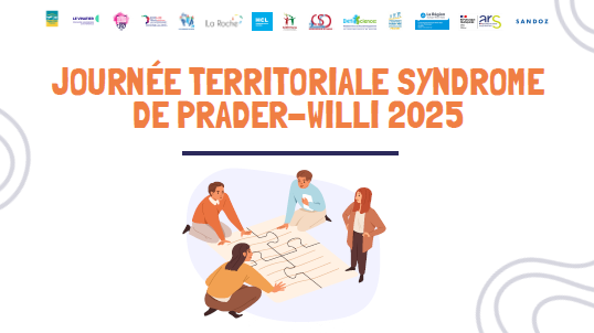 Extrait de l'affiche de la Journée d'information, d'échanges et de partage sur le syndrome de Prader Willi. Au centre de l'image il y a 4 personnes qui chacun avec une pièce de puzzle géante reconstitue un puzzle.