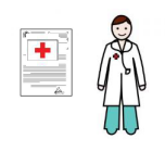 pictogramme avec à gauche un dessin d'une ordonnance ou compte-rendu médical sur lequel une croix rouge est dessinée. A droite il y a le dessin d'un médecin en blouse, avec un stéthoscope autour du cou et une croix rouge sur la blouse