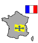 Pictogramme représentant la carte de la France, un drapeau français est dessiné au dessus de la carte. Au niveau de la région Auvergne Rhône-Alpes, il y a une sorte de rectangle jaune avec des flèches bleu qui se dirigent à gauche, droite, haut et bas