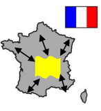 Pictogramme représentant la carte de la France, le drapeau français est dessiné en haut de la carte. Au niveau de la région Auvergne Rhône-Alpes, un rectangle jaune est dessiné. 5 flèches se dirigent et partent de ce rectangle jaune
