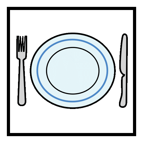 pictogramme qui représente une assiette avec à gauche une fourchette et à droite un couteau