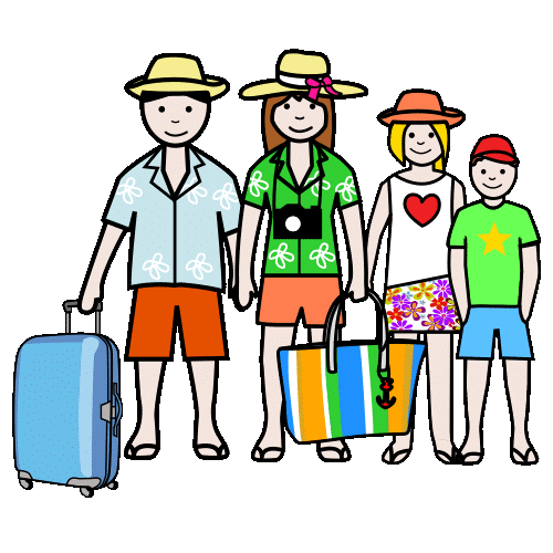 pictogramme représentant une famille de 4 personnes : père, mère, fille, garçon. Ils sont en short, portent des chapeaux ou casquettes, ils ont une valise, un sac de plage, un appareil photo