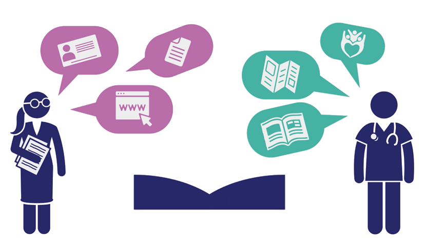 deux personnages dialoguent en s'échangeant des informations : carte de visiteé, site internet, plaquette de présentation, etc