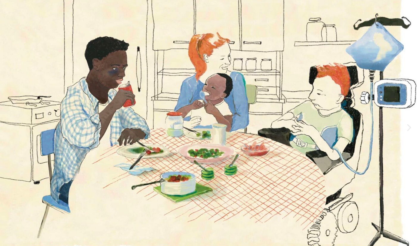 Illustration de Marion Detuncq réalisée dans le cadre du projet Polyordinaire. Une famille est dessinée dans sa cuisine autour de la table, elle est constituée d'une mère, d'un père et de deux enfants dont l'un est en fauteuil roulant et il est relié une poche de perfusion pendue à un support posé à côté de lui.