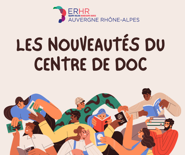 Sous le logo de l'ERHR et sous le texte "les nouveautés du centre de doc", dessin représentant 9 personnes en train de lire, de s'échanger des livres, de porter des piles de livres