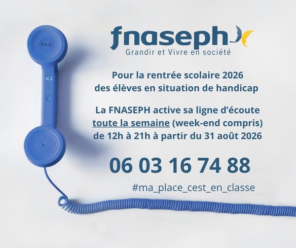 Affiche avec un dessin de téléphone bleu et son cordon qui encadre l'annonce de la ligne d'écoute, les horaires et le numéro de téléphone à joindre.