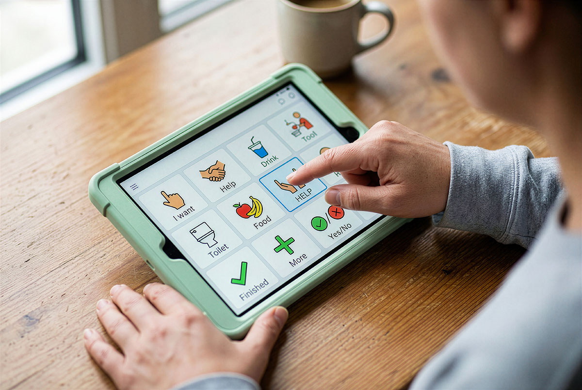 photo où l'on voit une personne en train de cliquer sur un pictogramme sur sa tablette posée sur une table