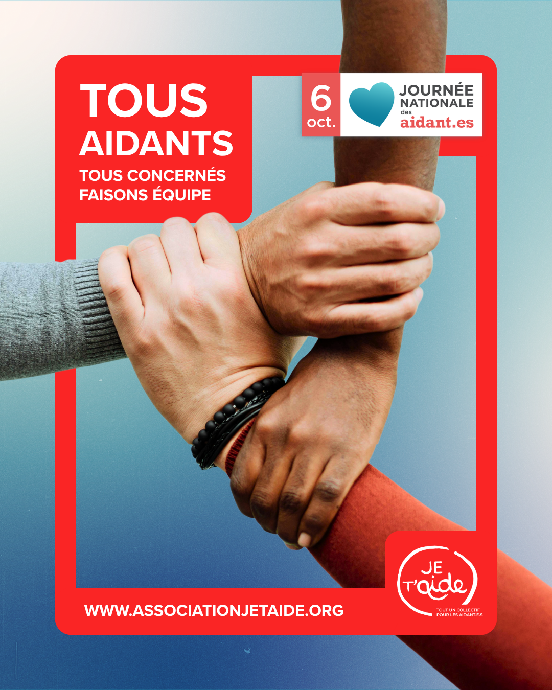 Affiche officielle de la journée nationale des aidants où au centre trois mains tiennent le poignet de leur voisin pour représenter un lien solide