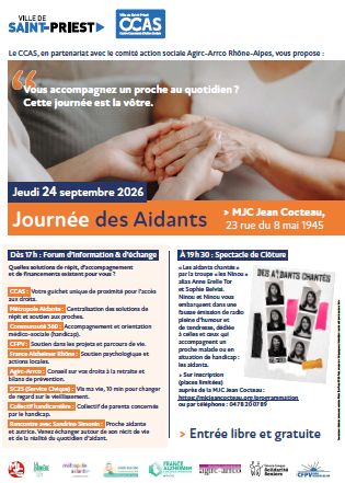 Affiche informant du programme du forum et du spectacle, avec en illustration deux mains qui tiennent deux autres mains. 