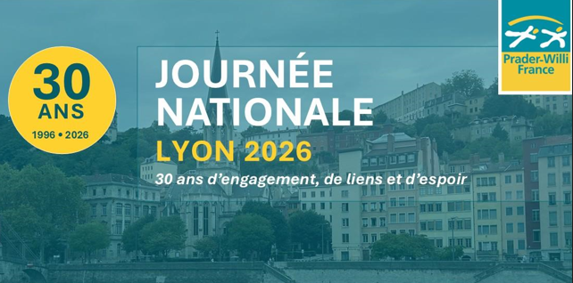 extrait de l'affiche qui montre en arrière plan une photo de la ville de Lyon. En 1er plan, se trouvent le logo de l'association, le nom de la journée. En haut à gauche un macaron annonce qu'il s'agit des 30 ans de l'association.