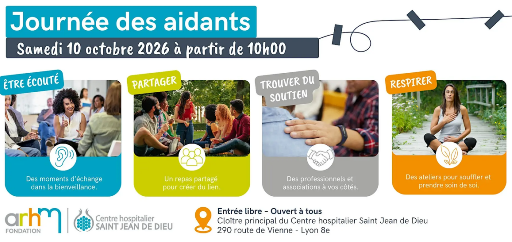 Bandeau de la journée avec 4 encarts "Etre écouté", "Partager", "Trouver un soutien" et "Respirer"