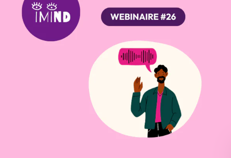 illustration d'un homme dans une bulle qui parle et salue de la main droite. Le logo d'imind est présent et l'inscription Webinaire n° 26